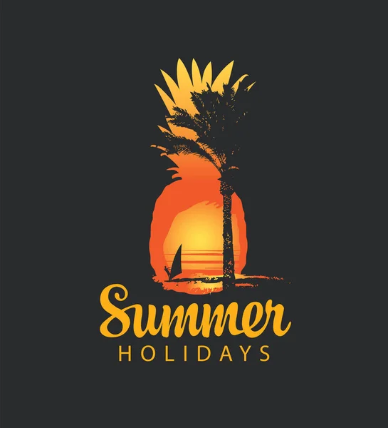 Travel Banner Inscription Summer Holidays Silhouettes Palm Tree Surfer Sunset — Stock Vector