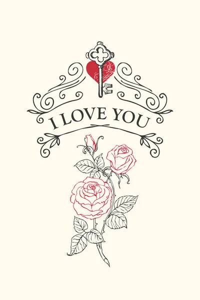 Carte Romantique Saint Valentin Avec Des Mots Aime Dans Style — Image vectorielle