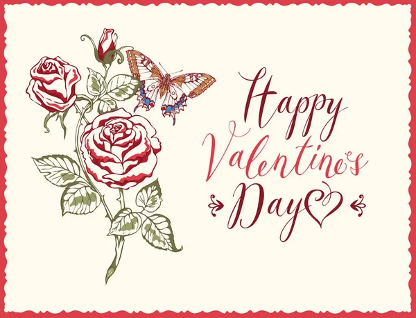浪漫的情人节卡片 上面有手工画的玫瑰 美丽的蝴蝶和手写的情人节祝福 装饰红框的古董矢量横幅 贺卡或明信片 — 图库矢量图片