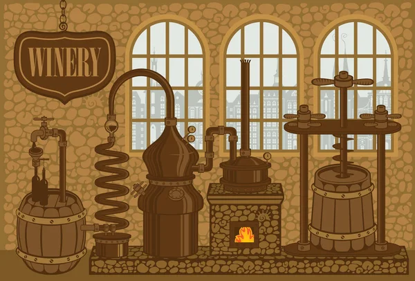 Bannière Vectorielle Pour Cave Avec Vieux Matériel Vinification Illustration Décorative — Image vectorielle