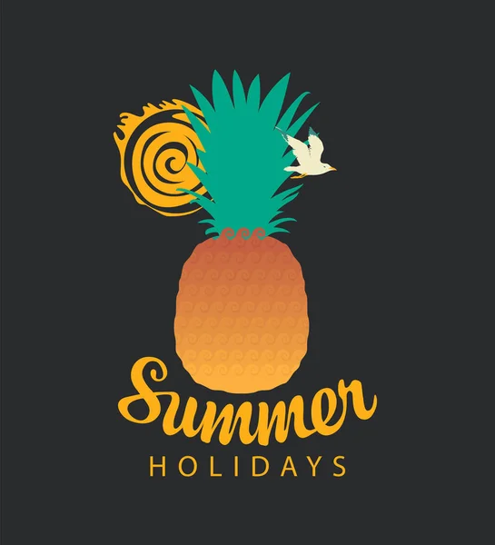 Travel Banner Pineapple Sun Seagull Inscription Summer Holidays Retro Style — Stock Vector