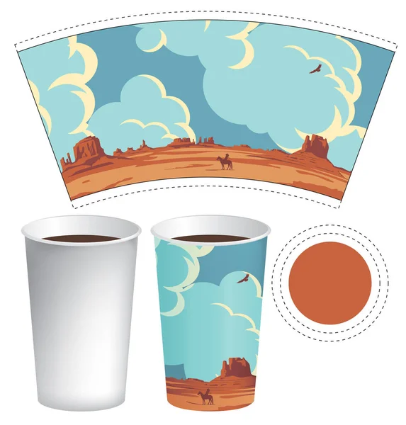 矢量纸杯热饮模板 可处置的茶杯 咖啡和其他带有西方风景的饮料 带着云彩的鹰和骑马的印第安酋长的肖像 — 图库矢量图片