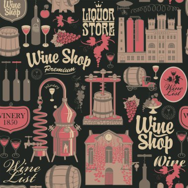 Şarap dükkanı ve şarap üretimi temasında kusursuz desenler çizimler ve siyah arka planda retro tarzı yazıtlar var. Duvar kağıdı, ambalaj kağıdı, tekstil, kumaş için uygun