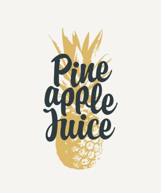 Vektör pankartı ya da etiketi retro tarzı hafif bir arka planda olgun tatlı bir ananas ve kaligrafik bir ananas suyu. Etiket, ilan, reklam afişi ve tişört tasarımı için uygun.