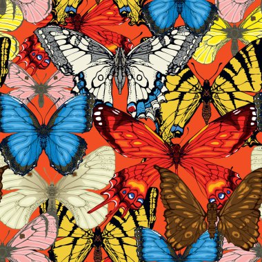 Kırmızı arka planda parlak, güzel kelebekler olan kusursuz bir desen. Renkli vektör tropikal arka plan. Duvar kağıdı, ambalaj kağıdı, kumaş ve tekstil için uygun.