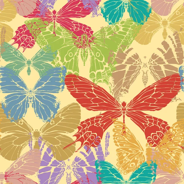 Nahtloses Muster Mit Farbigen Wunderschönen Schmetterlingen Auf Gelbem Hintergrund Dekorativer — Stockvektor