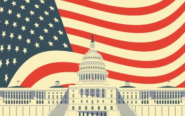 Washington DC 'deki Amerikan Kongre Binası' nın görüntüsüne sahip vektör pankartı ya da pankartı Amerikan bayrağının arka planında geçmişe dönük olarak kapanıyor. Amerikan tarihi.