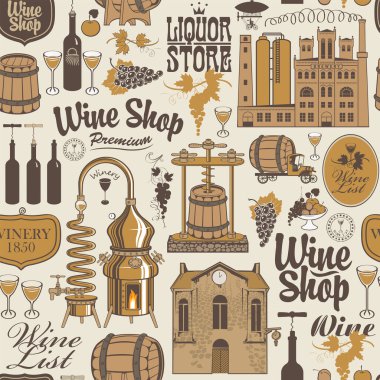 Şarap dükkanı teması ve şarap üretiminde eskimiş çizimler ve yazıtlarla kusursuz bir düzen. Duvar kağıdı, ambalaj kağıdı, tekstil, kumaş, arkaplan