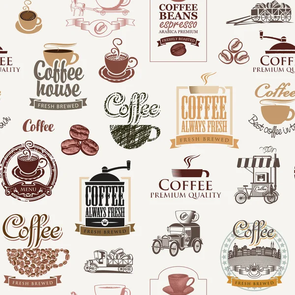 Vector Naadloos Patroon Koffie Thema Met Koffiebonen Inscripties Illustraties Retro — Stockvector