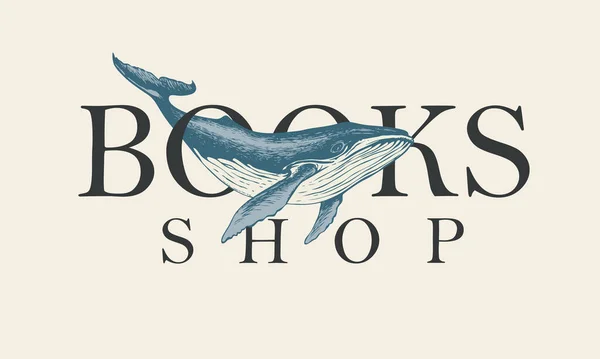 手描きのクジラとヴィンテージスタイルの地図を持つ書籍店のためのベクトルバナー 広告チラシ ラベル アイコン ブックマーク デザイン要素に適しています — ストックベクタ