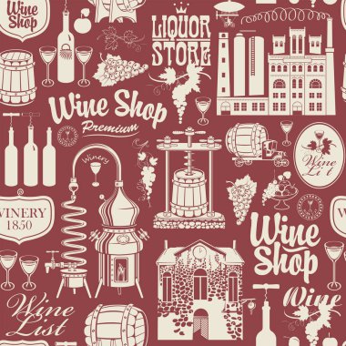 Şarap, şarap dükkanları ve şarap imalatı temasında kusursuz desenler var. Burgundy arka planında retro tarzı çizimler ve yazıtlar var. Duvar kağıdı, ambalaj kağıdı, kumaş ve tekstil için uygun.