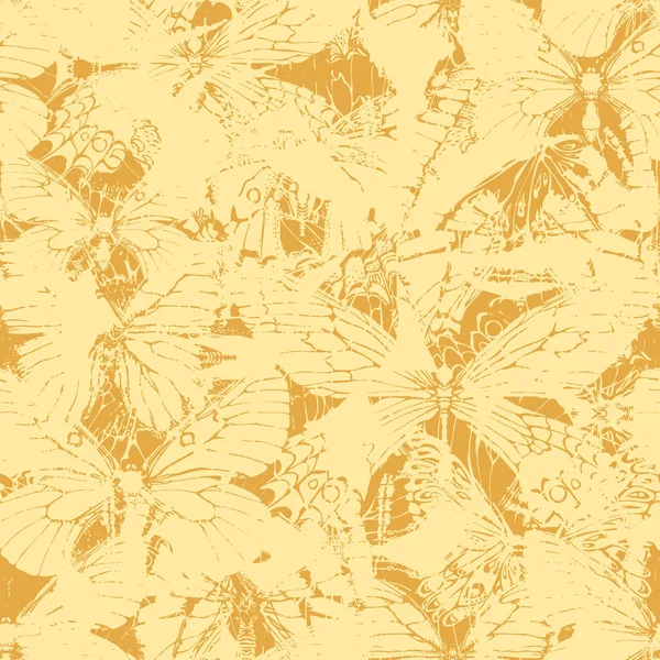 Monochroom Naadloos Patroon Met Vlinders Grunge Stijl Een Gele Achtergrond — Stockvector