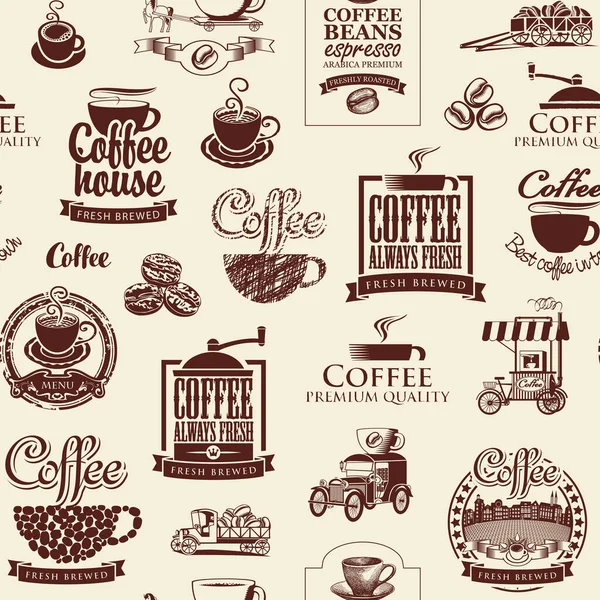 Vector Naadloos Patroon Koffie Thema Met Bruine Koffiebonen Inscripties Illustraties — Stockvector