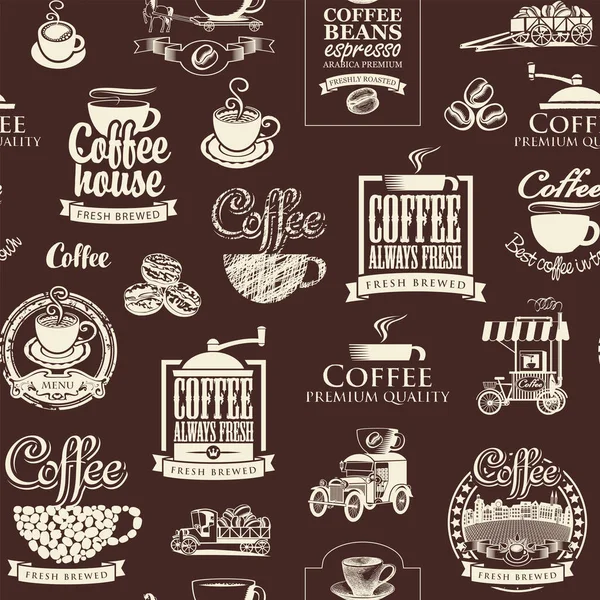 レトロなスタイルの茶色の背景にコーヒー豆 碑文やイラストとコーヒーをテーマにベクトルシームレスなパターン 包装紙またはファブリックに適しています — ストックベクタ