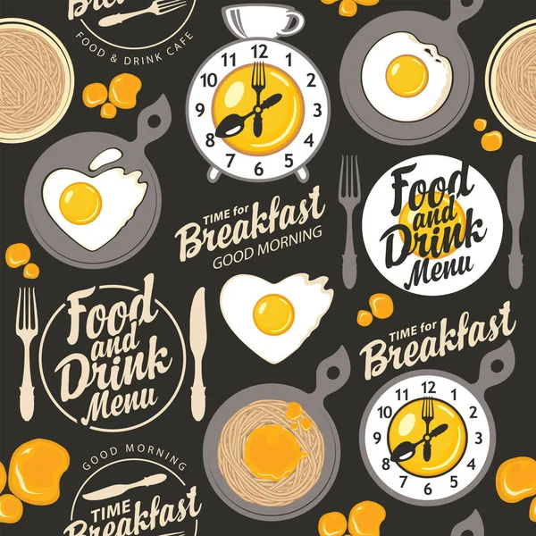 Kahvaltı Temasında Çırpılmış Yumurta Makarna Alarmlı Saat Siyah Arkaplanda Yazılar — Stok Vektör