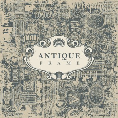 Vector banner or antique frame on abstract background with vintage art objects, furniture and antiques in grunge style. Suitable for flyer, price tag, label, design element for antique shop clipart