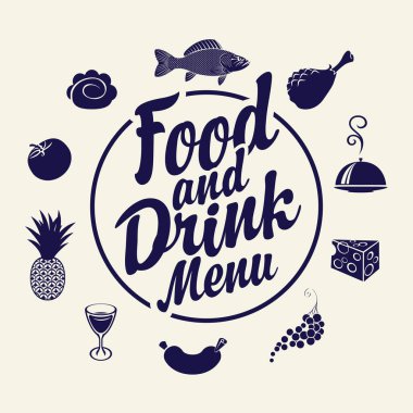 Çizgi film tarzında hafif bir arkaplan üzerine değişik yemek ve yazı içeren vektör yiyecek ve içecek menüsü. Gıda temasında simge kümesi