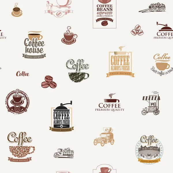 Vector Naadloos Patroon Koffie Thema Met Koffiebonen Inscripties Illustraties Retro — Stockvector