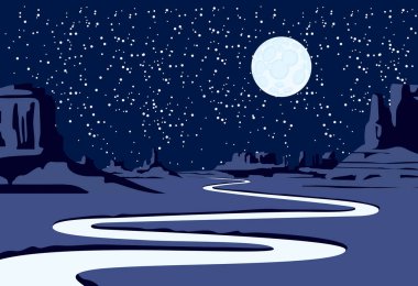 Issız bir vadi, dağlar, dolambaçlı bir nehir ve yıldızlı bir gökyüzünde dolunay olan gece manzarası. Vahşi Batı temasının dekoratif vektör arka planı. Batı manzarası çizimi
