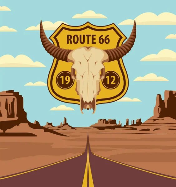 アメリカ 歴史的ルート66 無限の高速道路と山のあるアメリカの砂漠を背景に 雄牛の頭蓋骨を持つ道路標識 砂の荒地に空の直線道路とベクトルの風景 — ストックベクタ