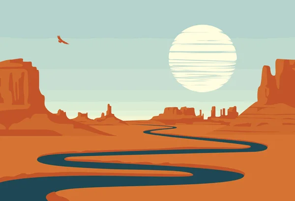 Paisaje Vectorial Con Valle Desierto Montañas Río Oscuro Águila Voladora — Archivo Imágenes Vectoriales