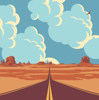 Vector landscape with a highway in the desert and mountains and with clouds in blue sky. Summer illustration of an endless straight road running through the barren American scenery clipart