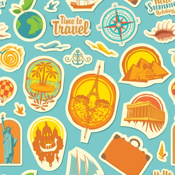 Seamless Pattern Theme Travel Vacations Repeating Vector Background Stickers Magnets — Stock Vector