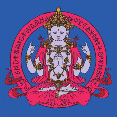 Nilüfer duruşu yaparken Krishna 'nın elle çizdiği dekoratif afiş. Mavi bir arka planda dört kollu bir Krishna 'nın vektör çizimi. Tebrik kartı, madalyon ve tılsım için uygun.