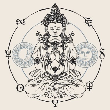Lotus pozisyonunda oturmuş meditasyon yapan bir Buda ile pankart. Budist işaretli bir çemberin içinde el çizimi Buda, Ay ve Güneş 'in dekoratif vektör çizimi. Uyandım ve aydınlandım.