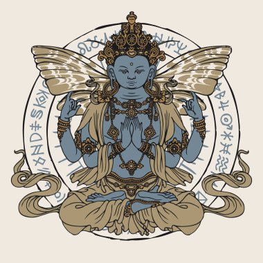 Elle çizilmiş Buddha afişi lotus pozunda meditasyon yapıyor. Kelebek kanatlı dört kollu Buda 'nın vektör çizimi ve Budist işaretleriyle daire çizmesi. Tılsım, tişört tasarımı ve tebrik kartı için harika.