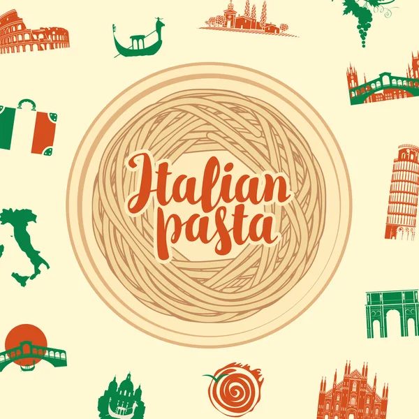 Banner Vectorial Menú Con Nido Pasta Italiana Plato Inscripción Caligráfica — Archivo Imágenes Vectoriales
