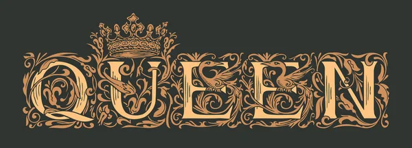 Het Woord Koningin Vintage Belettering Sierlijke Met Hand Getekende Beginletters — Stockvector