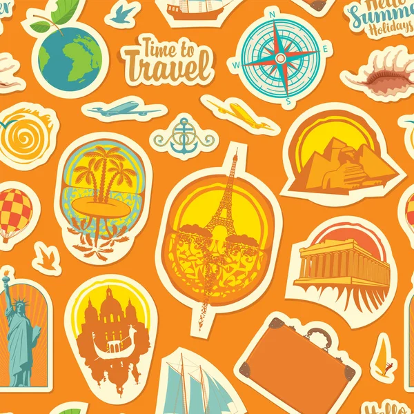 Seamless Pattern Theme Travel Vacations Repeating Vector Background Stickers Magnets — Stock Vector