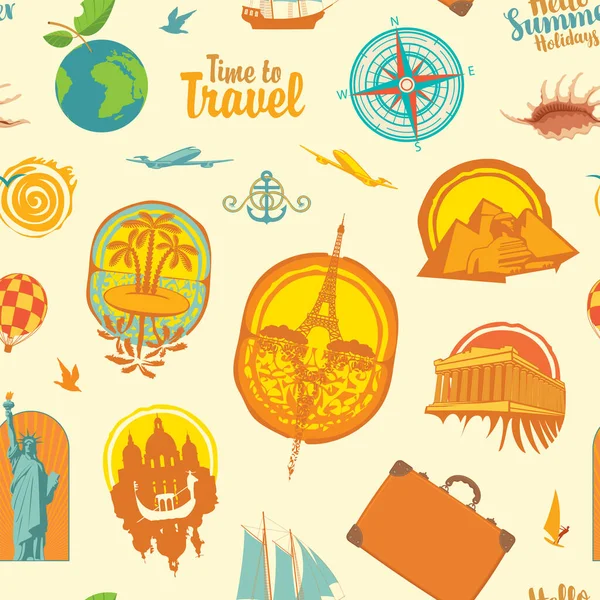 Seamless Pattern Theme Vacations Travel Repeating Vector Background Stickers Icons — Stock Vector