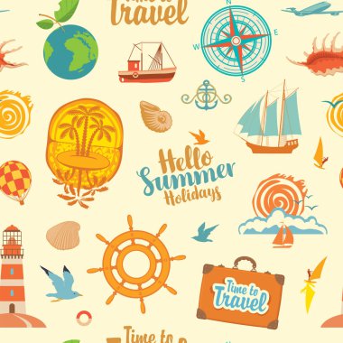 Yaz tatili ve seyahat temasında kusursuz bir düzen. Deniz yaz ikonları, yelkenli, el tekeri, deniz feneri, bavul, pusula, deniz kabuğu, güneş, martı içeren vektör arkaplanı tekrarlanıyor