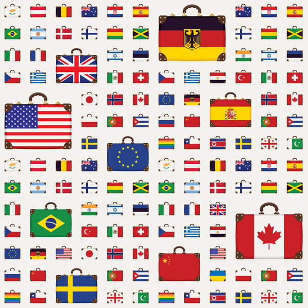 Vector seamless pattern with travel suitcases in the colors of the national flags of various countries from around the world. Repeating background with old suitcase with flags on a light backdrop