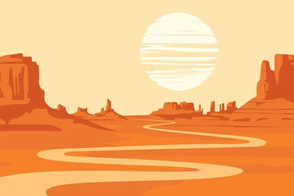 Paisaje Caluroso Verano Con Valle Desierto Montañas Río Serpenteante Ilustración — Vector de stock