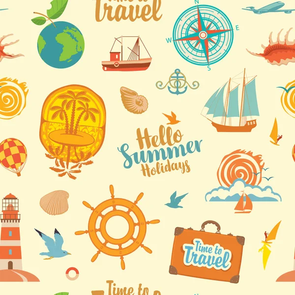 Seamless Pattern Theme Summer Holidays Travel Repeating Vector Background Sea — Stock Vector