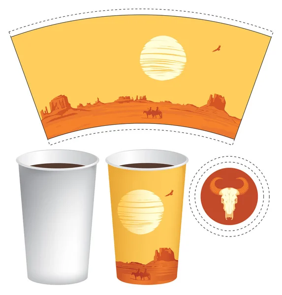 热咖啡或热茶的矢量纸杯模板 一杯盛满西部片风景的一次性饮料 一只老鹰在空中 一群马夫和一头公牛在杯子底部的轮廓 — 图库矢量图片