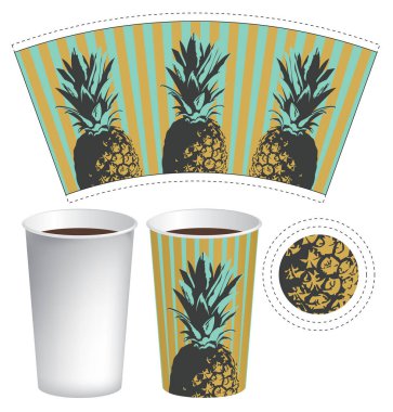 Çay, kahve, meyve suyu ve çizgili arka planda ananas olan diğer içecekler için tek kullanımlık bardaklar. Sıcak içecekler için vektör kağıt bardak şablonu.