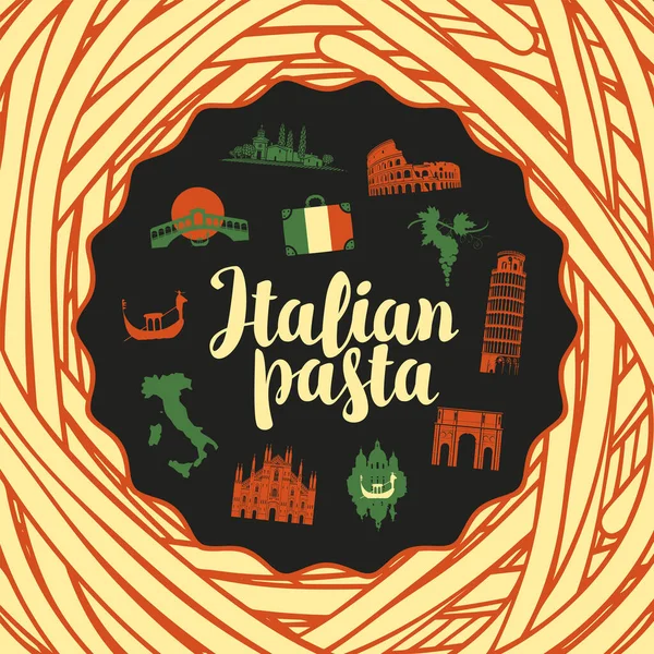 이탈리아 국기의 배경은 이탈리아 파스타와 이탈리아 국기의 색으로 장식되어 레이블 — 스톡 벡터