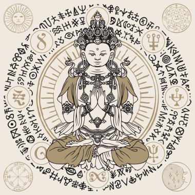 Oturmuş Buda 'nın nilüfer çiçeği pozunda meditasyon yaptığı pankart. Elle çizilmiş Buda ve daire şeklinde yazılmış Budist işaretlerinin vektör çizimi. Maskot, tılsım, tişört tasarımı ve tebrik kartı için uygun.