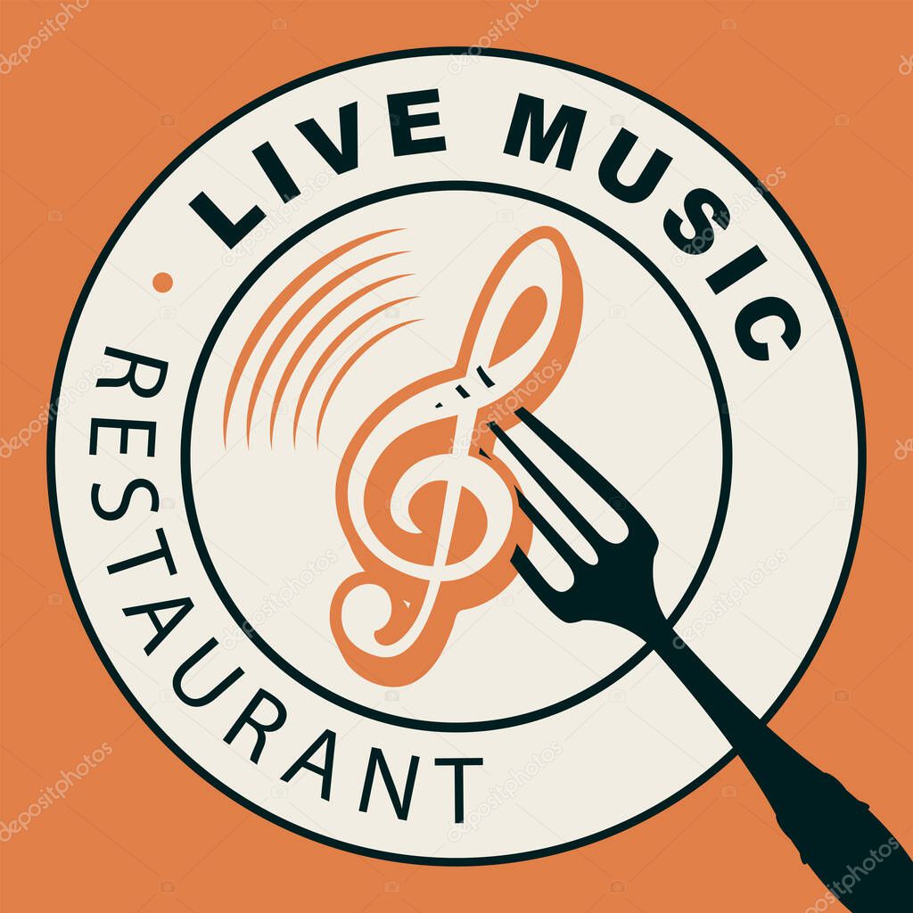 Vector menu or banner for restaurant with live music. Decorative illustration with white plate and treble clef on a fork in retro style on an orange background.