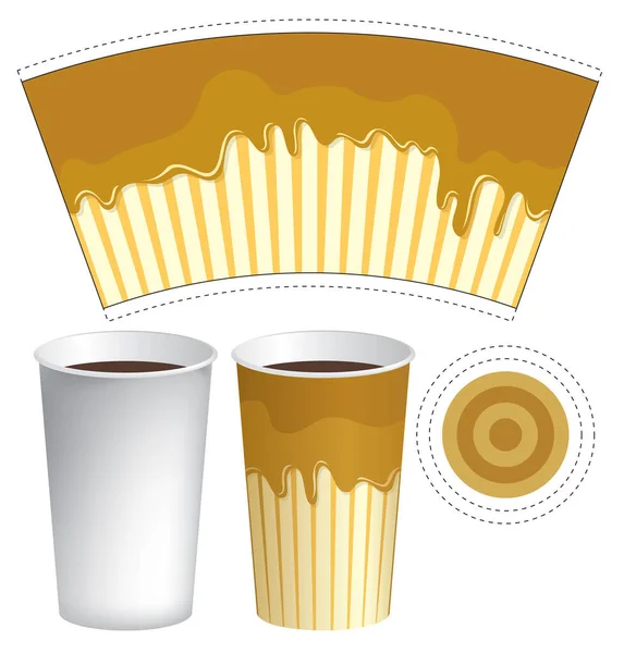 矢量纸杯热饮模板 可处置的茶杯 咖啡和其他带有开胃焦糖 米黄色滴上釉料或带条纹背景的咖啡饮料 — 图库矢量图片