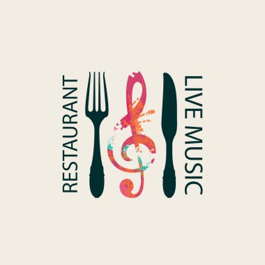 Vector menu or banner in retro style for restaurant with live music decorated with fork, knife and abstract treble clef in form of bright spots on a light background