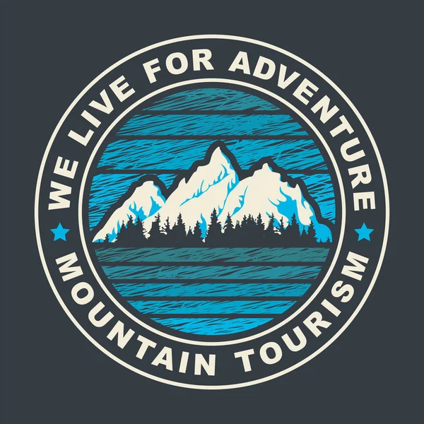 Travel Banner Label Retro Style Snow Covered Mountains Fir Trees — Stok Vektör