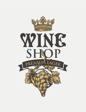 Şarap dükkanı için el yapımı üzüm, taç ve kurdeleli bir pankart ya da etiket. Tasarım ögesi, logo, broşür, davetiye, menü, şarap listesi, amblem için uygun