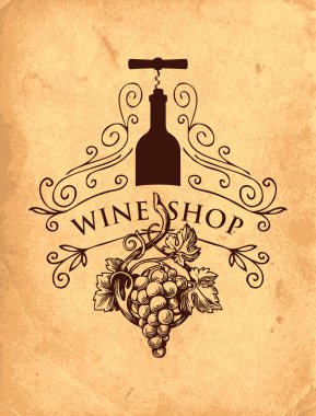 Şarap dükkanının pankartı ya da etiketi kıvrımlı, üzümlü, şişeli ve tirbuşonlu eski kağıt arka planda. Klasik çizim ve yazı ile elle çizilmiş illüstrasyon