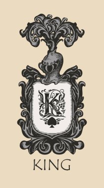Ortaçağ arması, el yapımı kalkan, şövalye miğferi, baş harfi K ve Kral olan vektör bayrağı. Lüks amblem, logo, tebrik kartı ve kart tasarımı için harika.