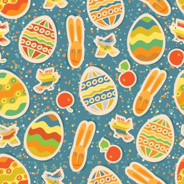 Paskalya deseni kusursuz. Renkli paskalya yumurtaları, kuşlar ve tavşanlarla soyut çok renkli lekeli mavi bir arka planda karikatür tarzında tekrarlanan tatil.